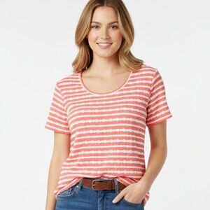 NWOT Chico's SZ 2/L Vibrant Coral/White Striped Tee With Unique Textured Details
